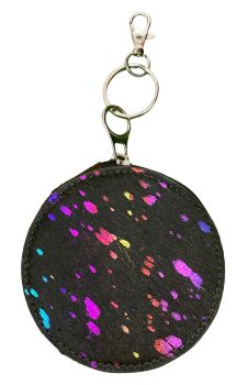 Rainbow Acid Wash Hair on Cowhide Round Clip Key-chain Wallet Pouch